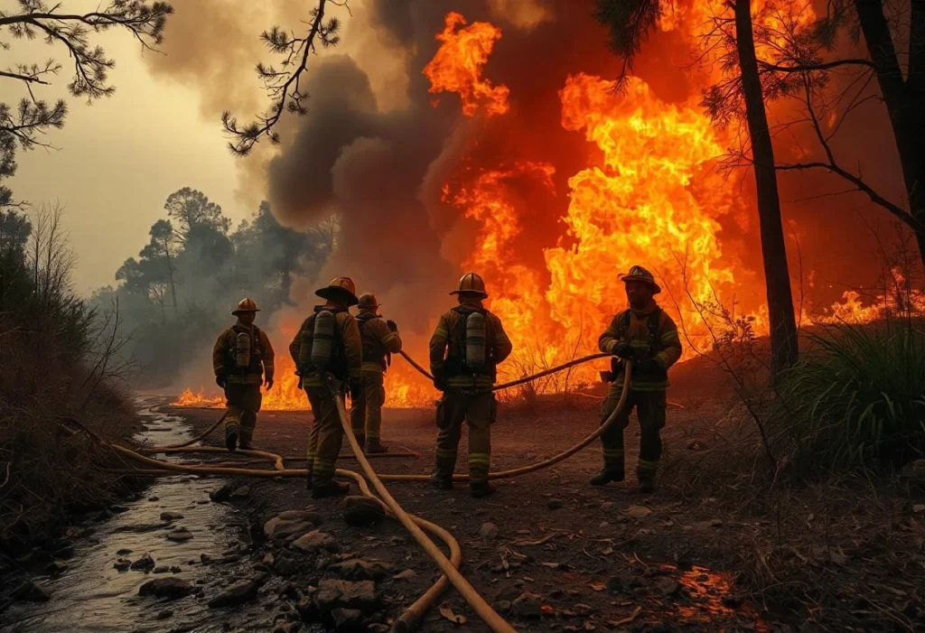 A wide-angle view of the Los Angeles wildfire, showing flames engulfing dry vegetation on a hillside with thick smoke billowing into the sky, while firefighters work in the foreground to control the blaze.