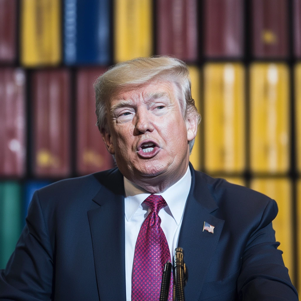 "Falling stock market graph with red arrows and a blurred image of President Trump, symbolizing the market downturn after the tariff announcement